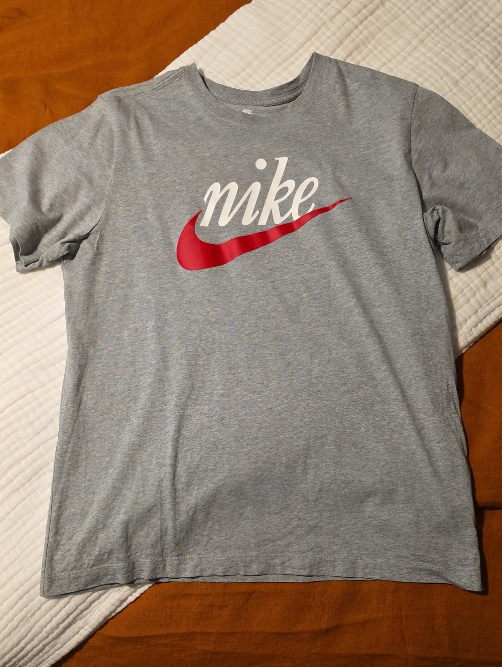 Nike Grey Tee with White Script and Red Swoosh